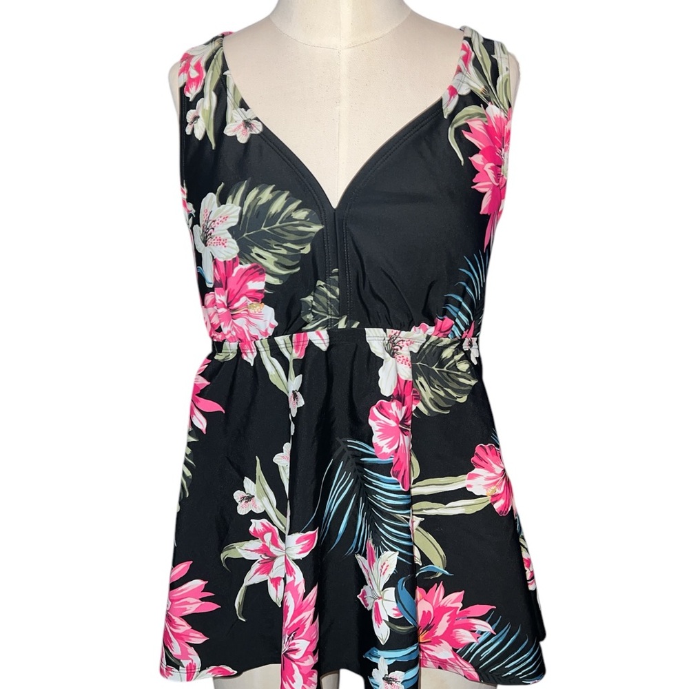 KONA SOL | FLORAL CRISS CROSS BACK PADDED TANKINI TOP 16W